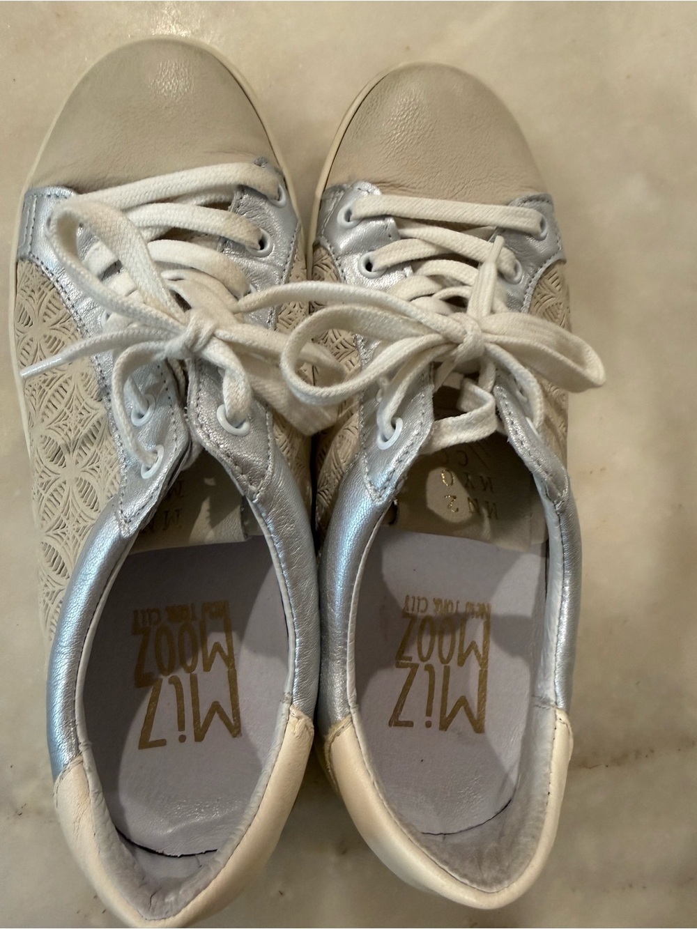 Miz Mooz Ivory and Silver Lace-Up Sneakers